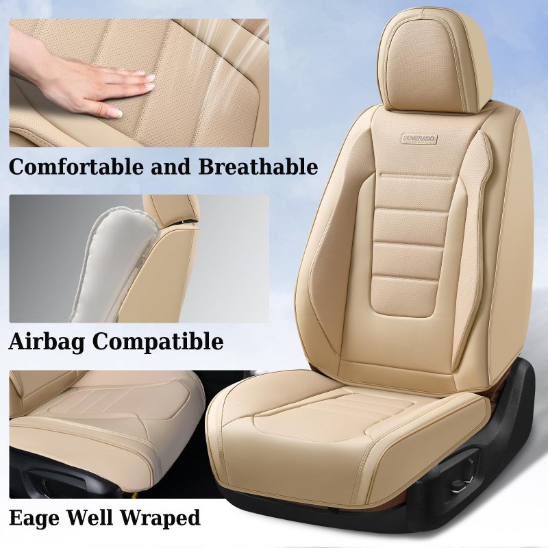 Coverado Car Seat Covers Front Seats, Car Seat Cover Beige, Car Seat Protector, Car Seat Cushion Nappa Leather, 2-Pack Waterproof Seat Covers Carseat Cover Universal Fit for Most Cars Trucks - Image 3