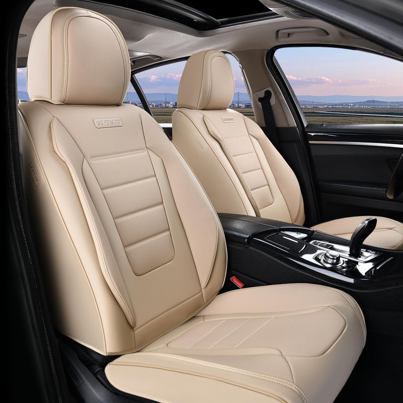 Coverado Car Seat Covers Front Seats, Car Seat Cover Beige, Car Seat Protector, Car Seat Cushion Nappa Leather, 2-Pack Waterproof Seat Covers Carseat Cover Universal Fit for Most Cars Trucks - Image 1
