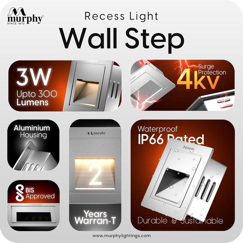 Murphy 3W Wall Step White Body Conceal Light Outdoor and Indoor LED Foot Light with Aluminium IP65 Grade Waterproof Body : Warm White, Pack of 10 - Image 3