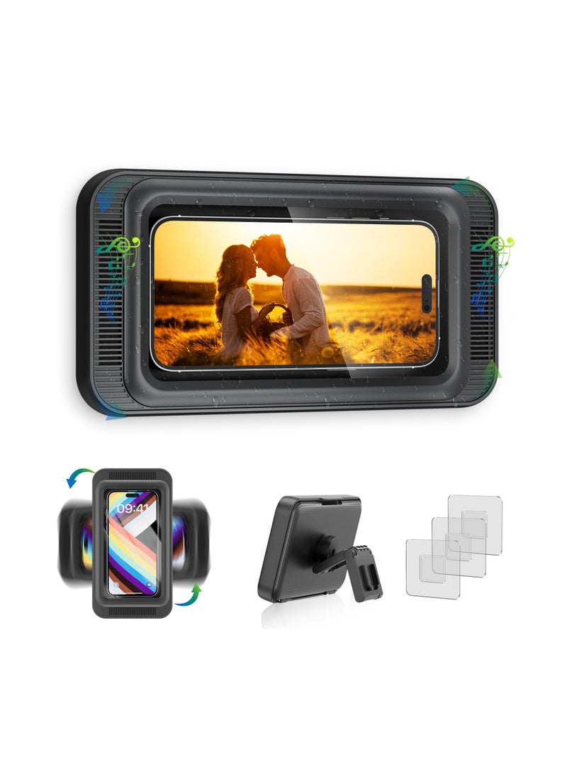 KASTWAVE Waterproof Shower Phone Holder, Wall Mounted Phone Holder with Speaker Touch Screen, 360° Rotation, Up to 7 inch for Bathroom Bathtub Kitchen for iPhone Samsung Android (Black) - Image 1