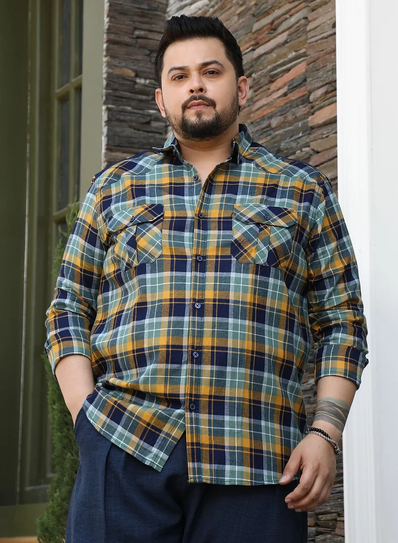 Instafab Plus Instafab Plus Men's Cyan Blue & Lemon Yellow Tartan-Plaid Utility Shirt For Casual Wear | Spread Collar | Long Sleeves | Button Closure | Plus Size Shirt Crafted With Comfort Fit For Everyday Wear