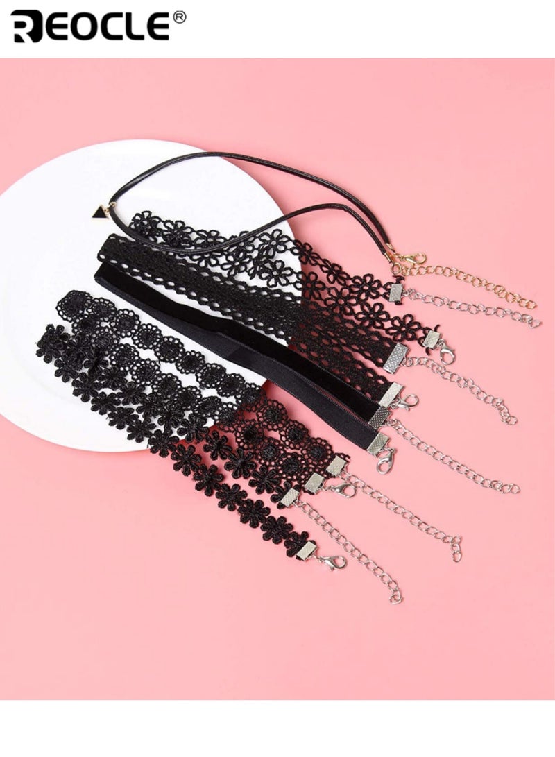 REOCLE 6PCS Women's Assorted Multi-Style Choker Set Floral Lace Solid Band & Accent Drop Designs for Versatile Edgy-Whimsical Styling - Image 4