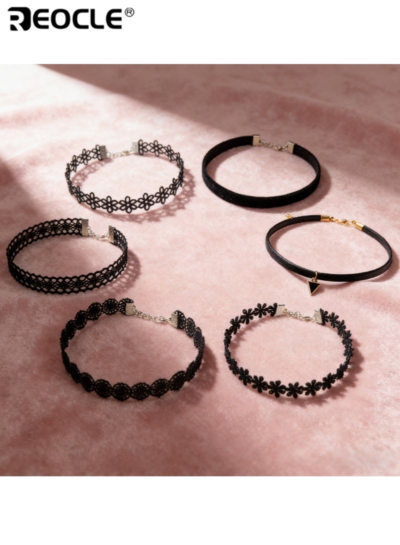 REOCLE 6PCS Women's Assorted Multi-Style Choker Set Floral Lace Solid Band & Accent Drop Designs for Versatile Edgy-Whimsical Styling - Image 3