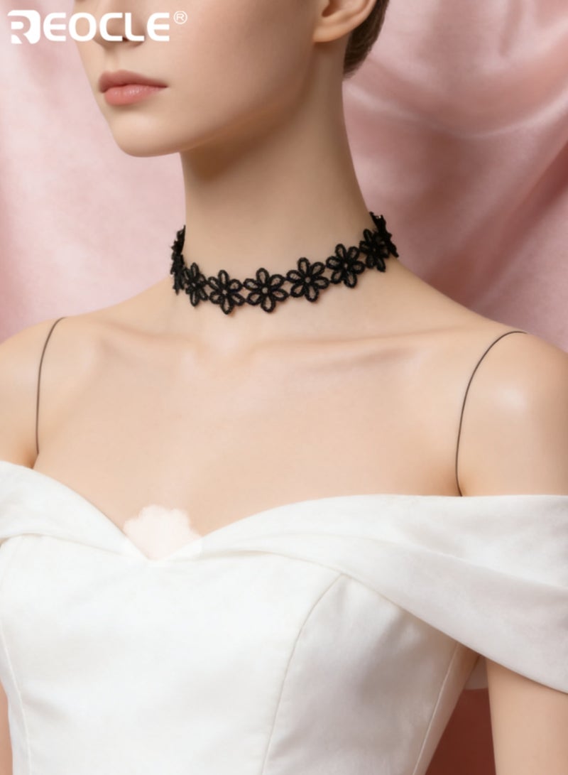 REOCLE 6PCS Women's Assorted Multi-Style Choker Set Floral Lace Solid Band & Accent Drop Designs for Versatile Edgy-Whimsical Styling - Image 2