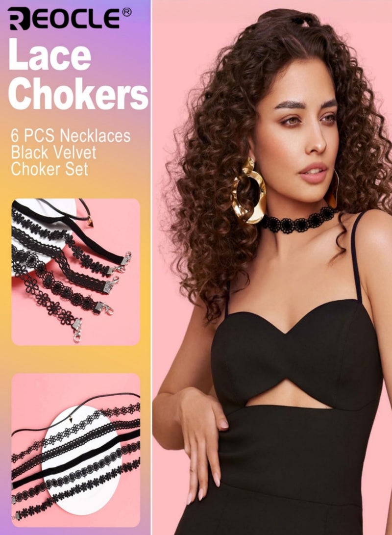 REOCLE 6PCS Women's Assorted Multi-Style Choker Set Floral Lace Solid Band & Accent Drop Designs for Versatile Edgy-Whimsical Styling - Image 1