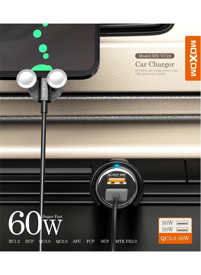 MOXOM 60W Fast Car Charger Dual Port Fast Car Power Adapter Car USB Charger Plug for Samsung, iPhone, iPad Pro/Air, Huawei, Oneplus, Xiaomi, etc MX-VC22  - Image 2