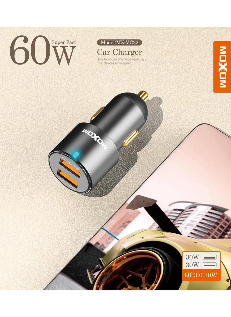 MOXOM 60W Fast Car Charger Dual Port Fast Car Power Adapter Car USB Charger Plug for Samsung, iPhone, iPad Pro/Air, Huawei, Oneplus, Xiaomi, etc MX-VC22  - Image 3