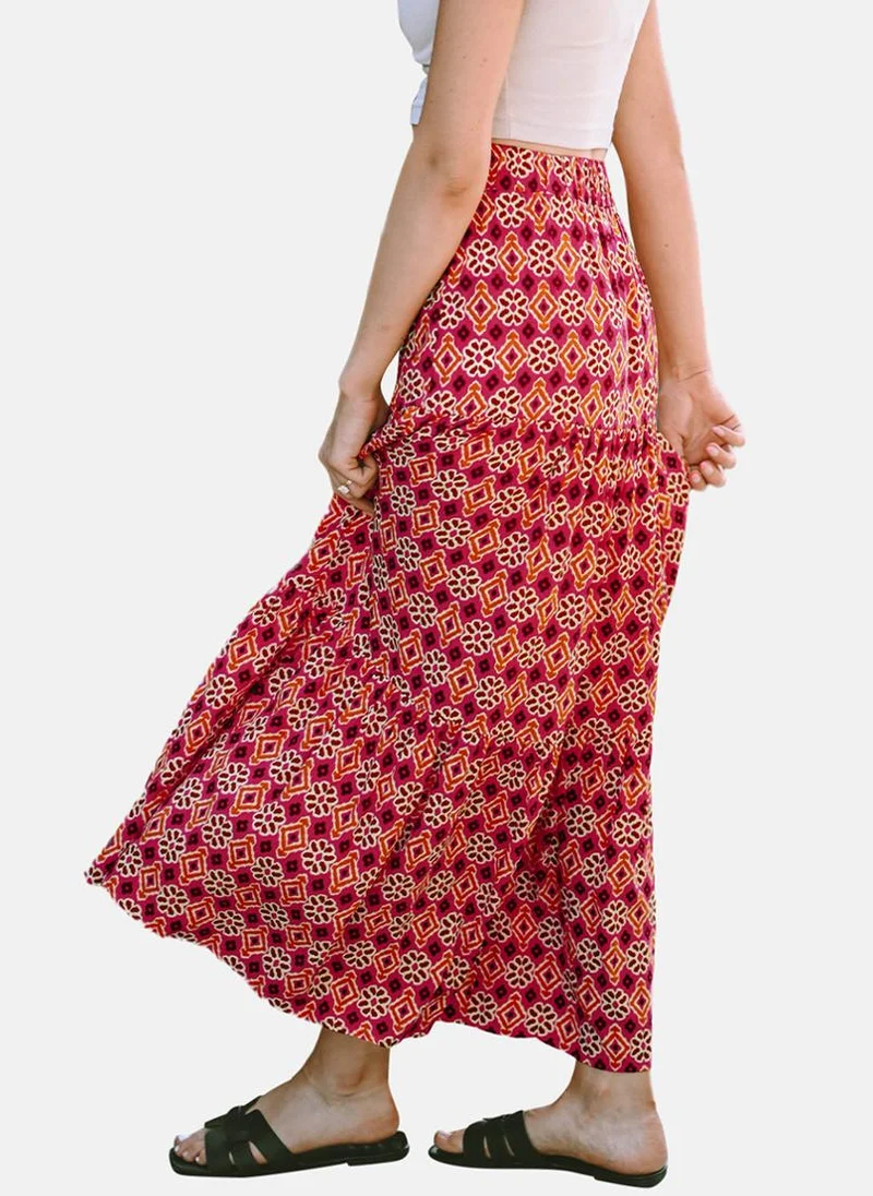 يونيكي Red Printed Tiered Maxi Skirt