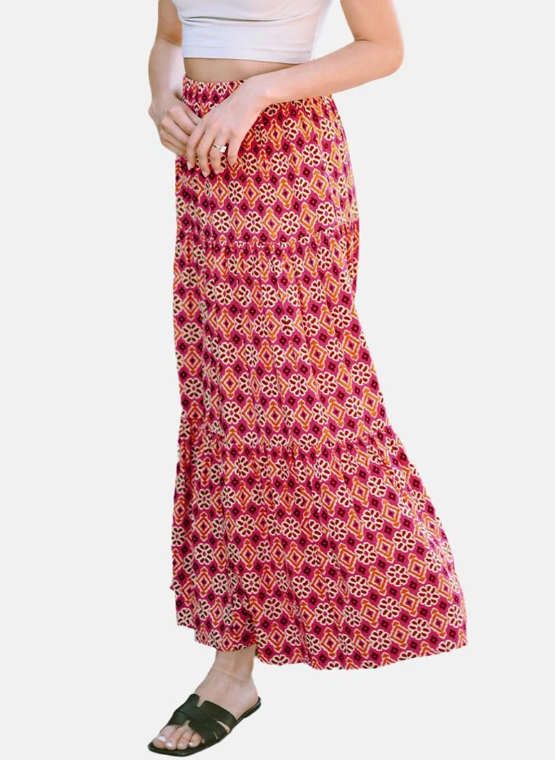 يونيكي Red Printed Tiered Maxi Skirt