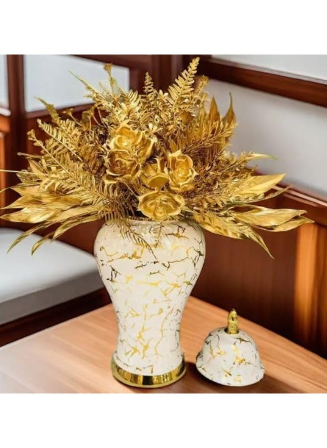Decorhills DECORHILLS Gold & White Marble Print Ceramic Ginger Jar Vase with Lid  - Image 2