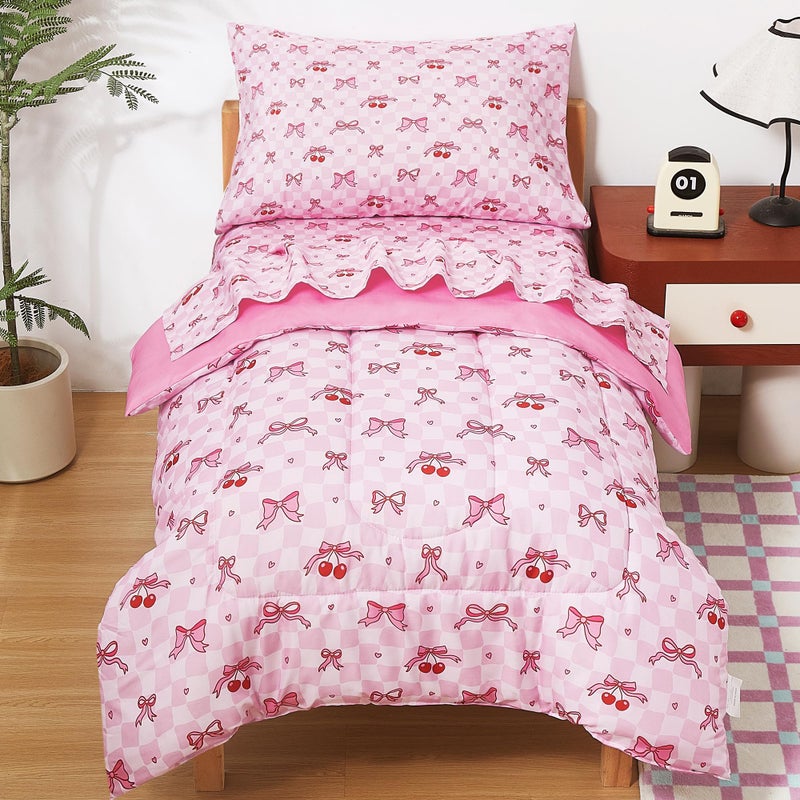 lasoftan Toddler Bedding Set, Toddler Bed Comforter Sets for Girls, Toddler Bed Set, Pink Cherry Printed - Image 1