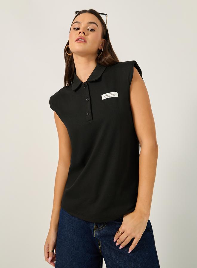 Styli Regular Fit Knit Padded Shoulder Top with Patch Detail  - Image 4