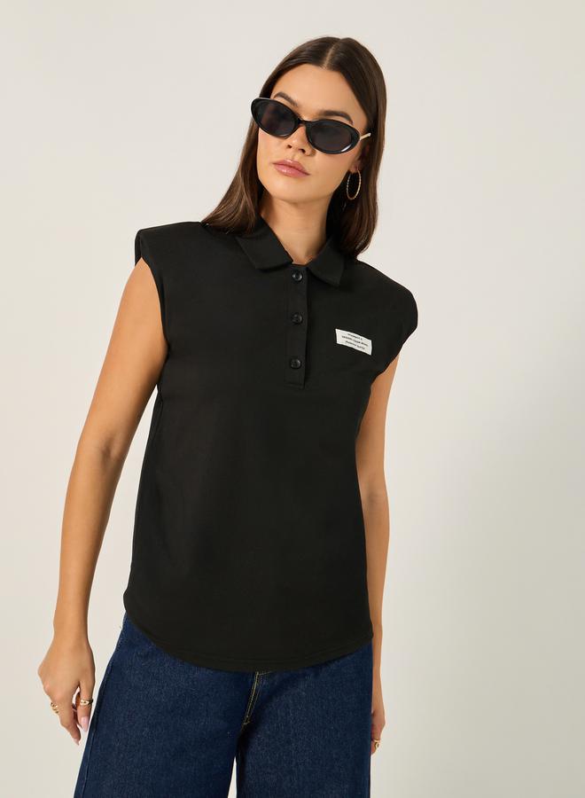 Styli Regular Fit Knit Padded Shoulder Top with Patch Detail  - Image 3