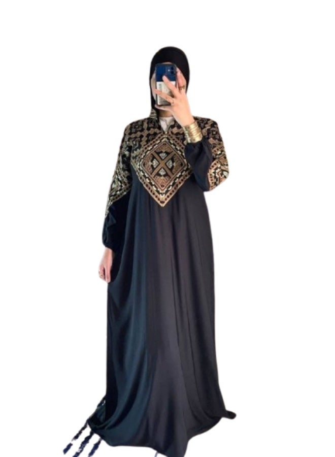Women's cotton abaya (for going out and receiving guests) with luxurious geometric embroidery - Image 1