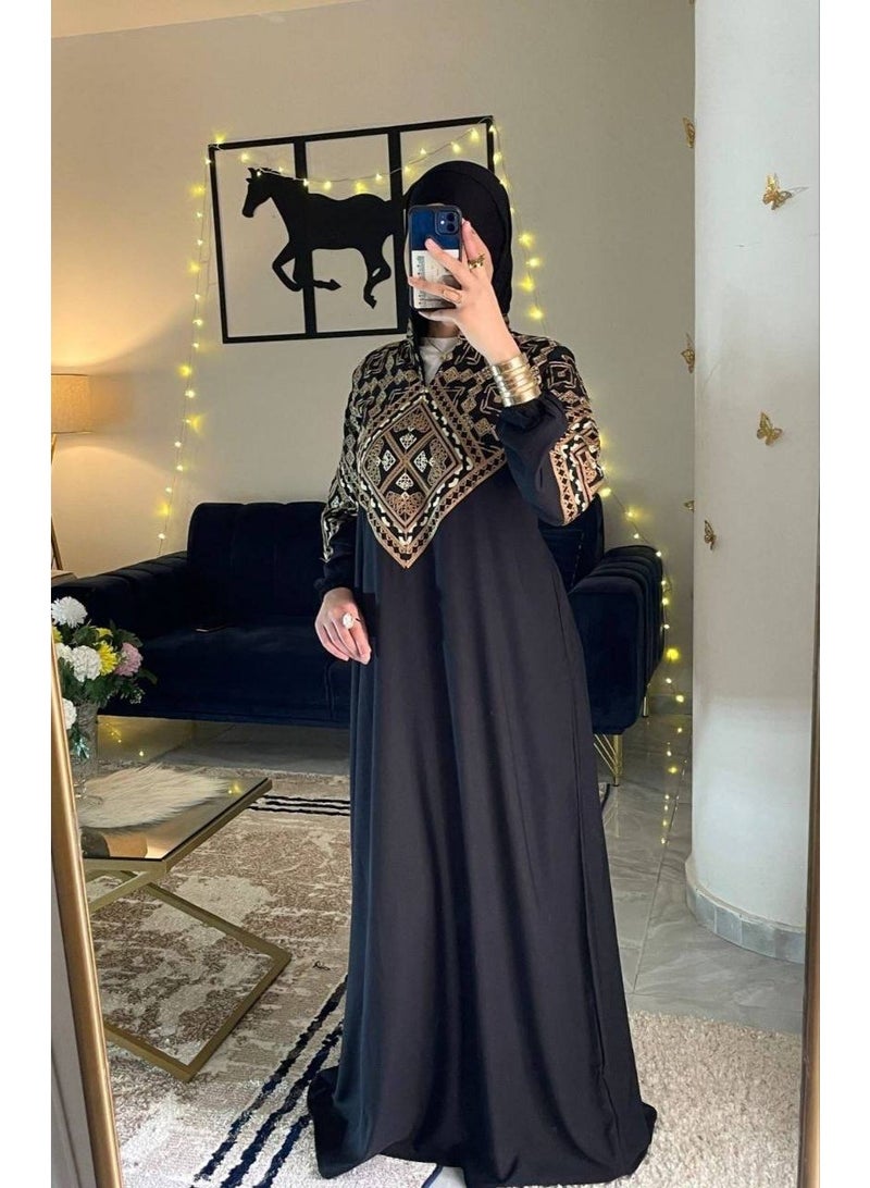 Women's cotton abaya (for going out and receiving guests) with luxurious geometric embroidery - Image 2