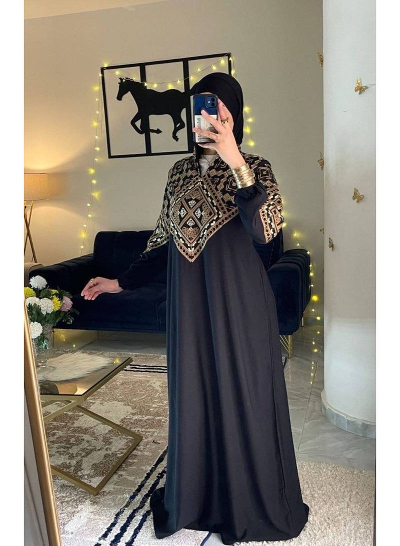 Women's cotton abaya (for going out and receiving guests) with luxurious geometric embroidery - Image 3