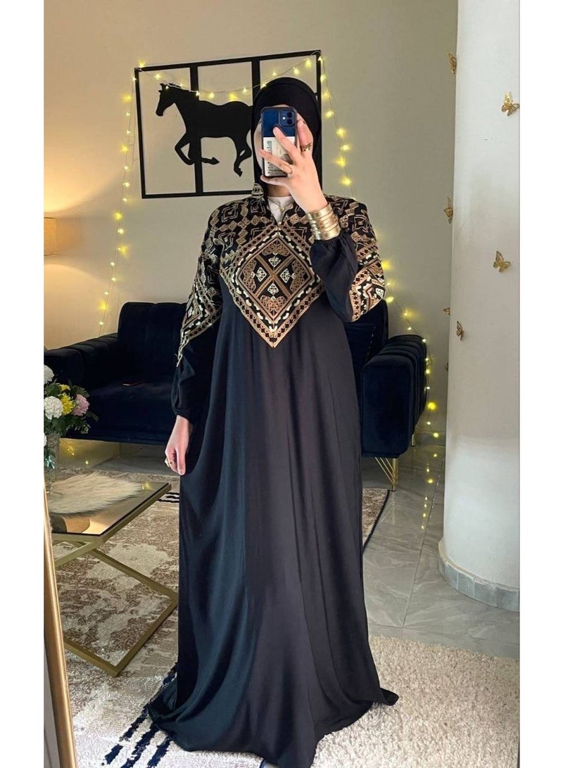 Women's cotton abaya (for going out and receiving guests) with luxurious geometric embroidery - Image 4