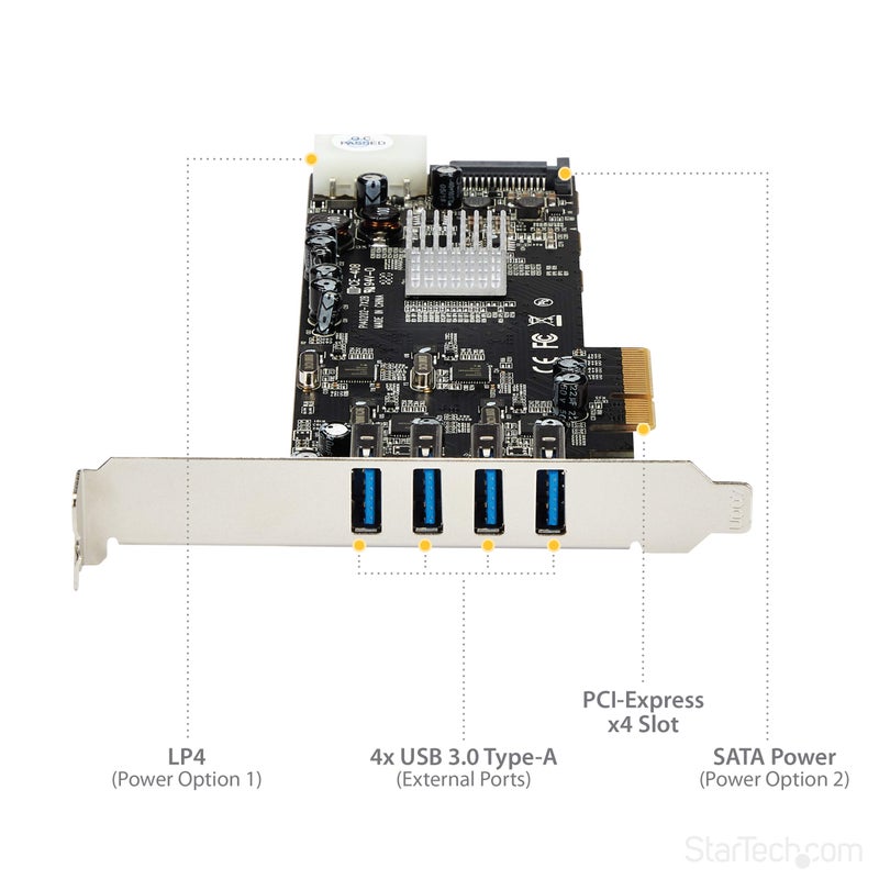 Startech.com StarTech.com 4 Port USB 3.0 PCIe Card w/ 4 Dedicated 5Gbps Channels (USB 3.2 Gen 1) - UASP - SATA / LP4 Power - PCI Express Adapter Card (PEXUSB3S44V)  - Image 5