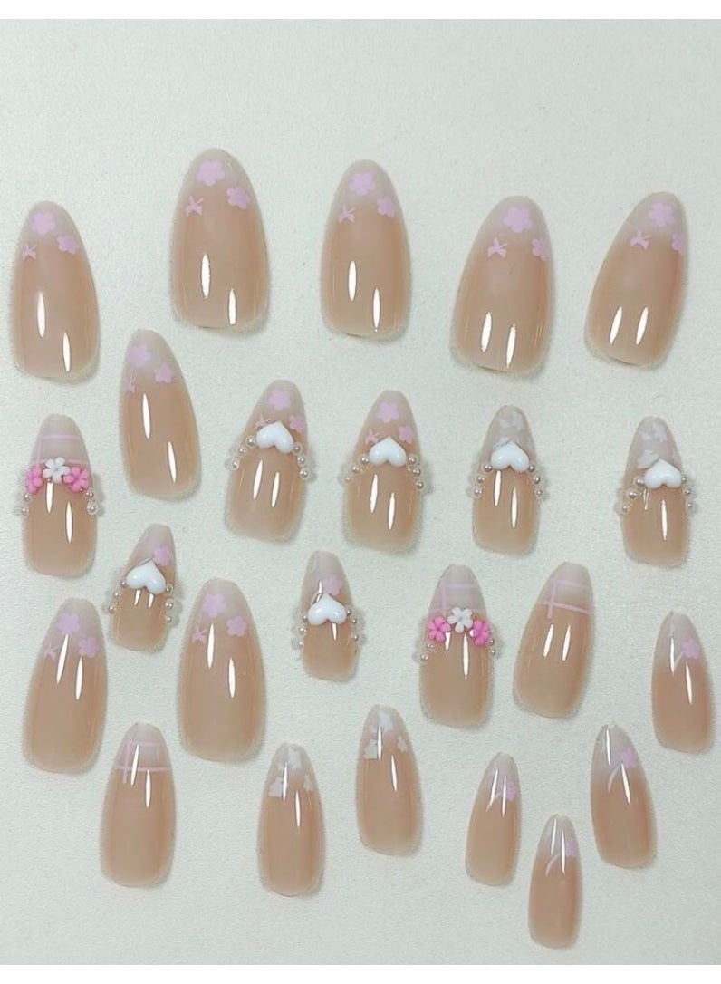 Tuline Balletcore Y2K French Press On Nails 3D Pearl Flower Design – 24 PCS Cute Reusable Fake Nails for Women & Girls - Image 2