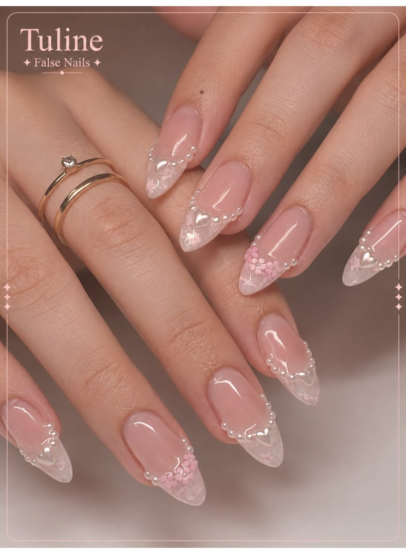 Tuline Balletcore Y2K French Press On Nails 3D Pearl Flower Design – 24 PCS Cute Reusable Fake Nails for Women & Girls - Image 1