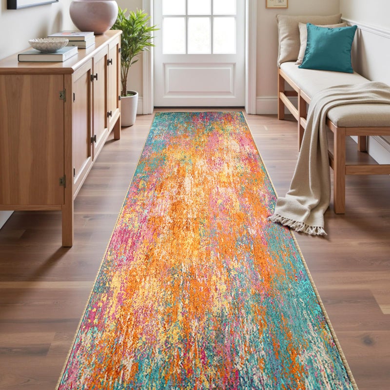 RELEANY Washable Area Rugs 2'x10' Non-Slip Modern Abstract Soft for Living Room Entryway Bedroom Nursery  Print Pattern  Orange Blue Pink Yellow Colorful - Image 1