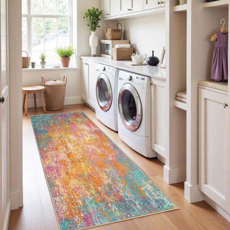 RELEANY Washable Area Rugs 2'x10' Non-Slip Modern Abstract Soft for Living Room Entryway Bedroom Nursery  Print Pattern  Orange Blue Pink Yellow Colorful - Image 3