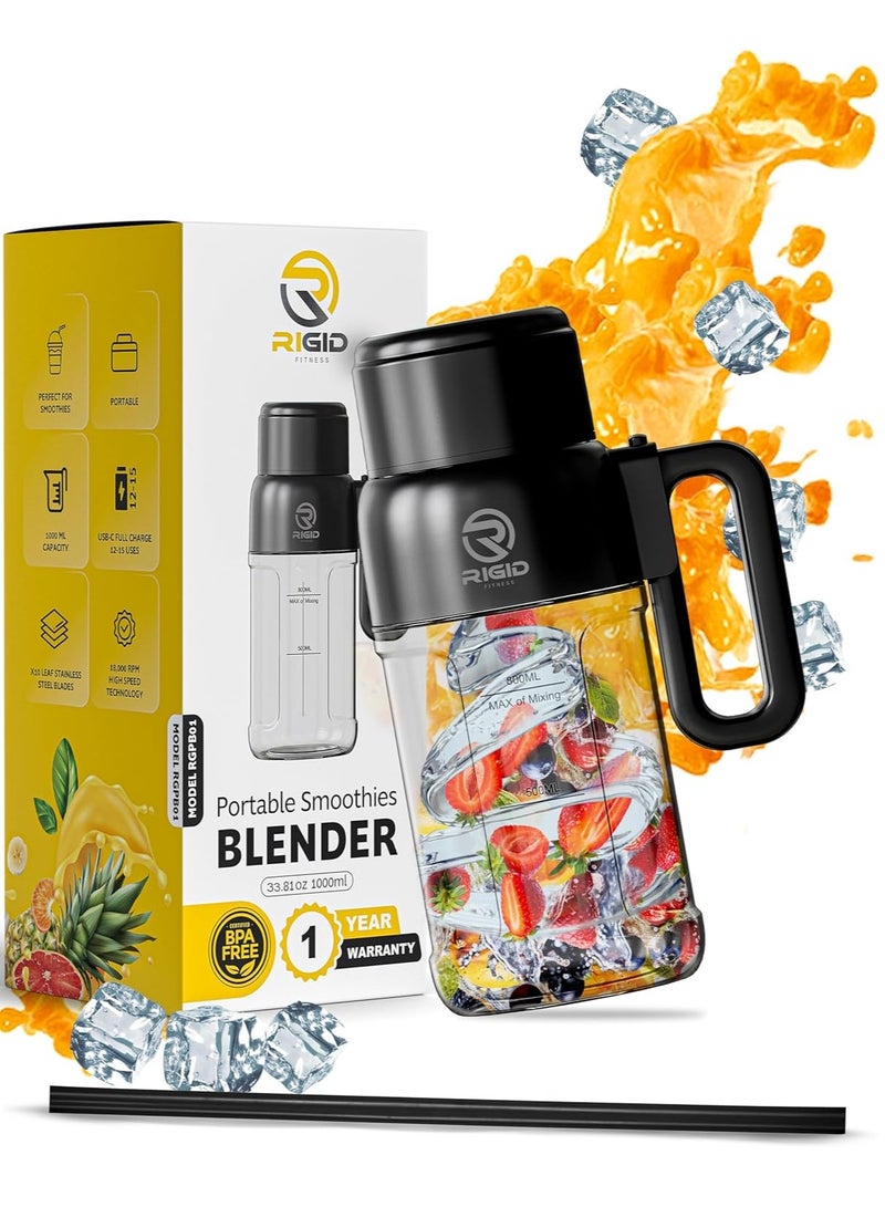 RIGID FITNESS Portable Smoothies Blender Bottle - Blender for Fruits, Smoothies & Shakes, Cordless USB-C, Stainless Steel Blade, Ideal for Gym & Outdoor - BPA Free Healthy Mixer (33.8oz/1000ml) - Image 1