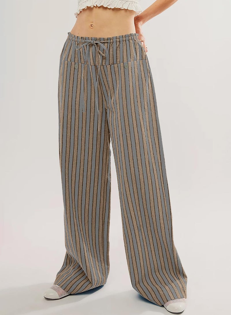 Acelitt Women Casual Striped Color Block Pants Drawstring Elastic Waist 2026 Fall Fashion Comfy Loose Wide Leg Pants Trousers with Pockets Khaki Large - Image 3