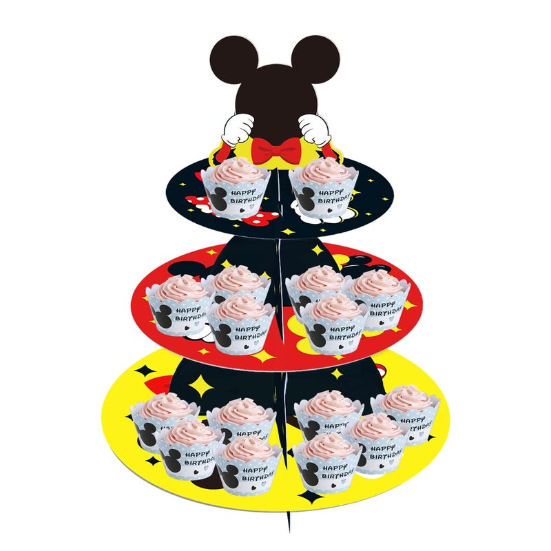 Large 3Tier Mickey Minnie Cupcake Stand 12Inch Cardboard Cupcake Tray for Wedding Birthday Baby Shower Mickey Minnie Birthday Party Supplies