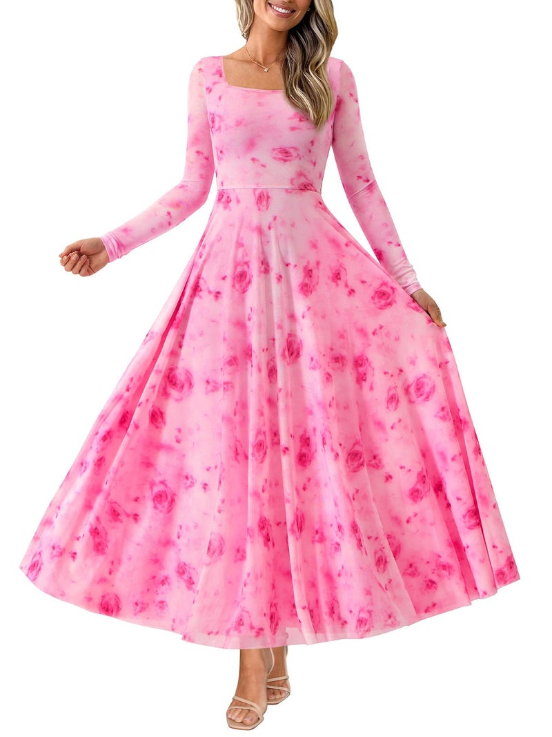 BTFBM Women Maxi Dress Fall 2026 Fashion Elegant Long Sleeve Square Neck Floral Print Party Club Wedding Guest Dresses(Floral Pink Red,Medium) - Image 1