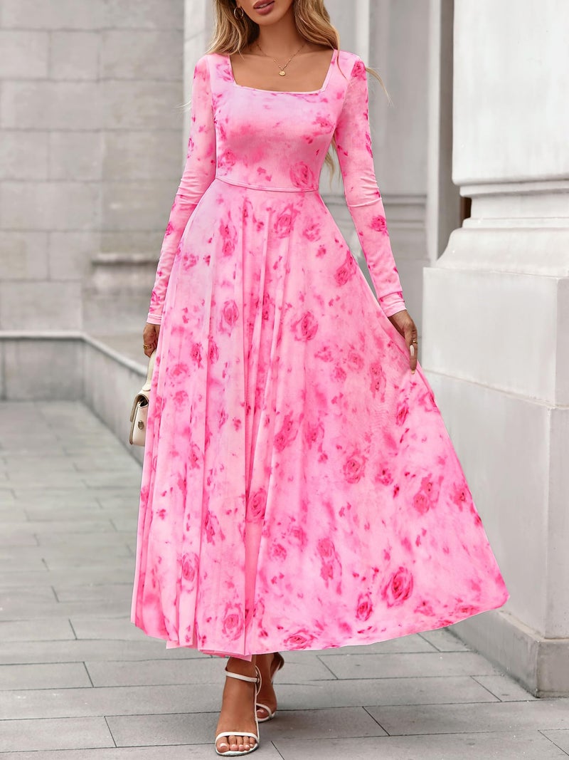 BTFBM Women Maxi Dress Fall 2026 Fashion Elegant Long Sleeve Square Neck Floral Print Party Club Wedding Guest Dresses(Floral Pink Red,Medium) - Image 2