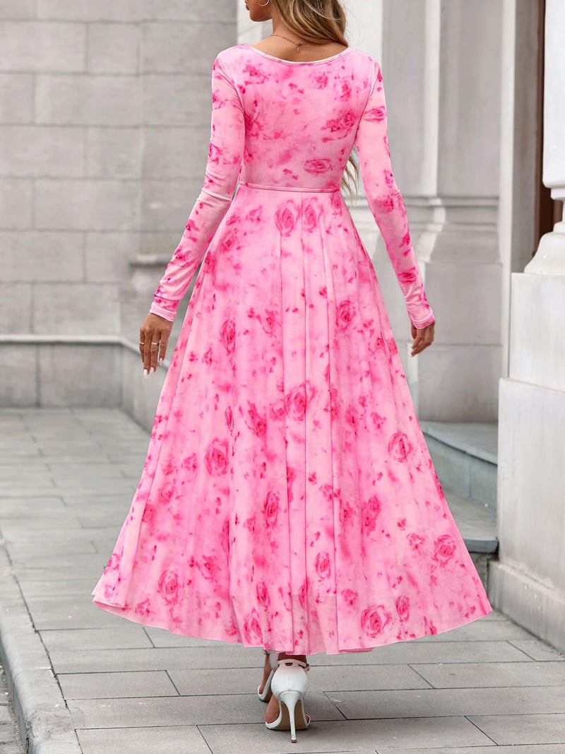 BTFBM Women Maxi Dress Fall 2026 Fashion Elegant Long Sleeve Square Neck Floral Print Party Club Wedding Guest Dresses(Floral Pink Red,Medium) - Image 3
