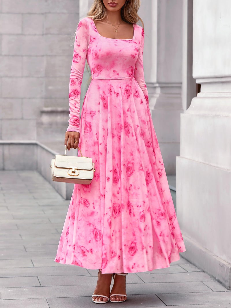 BTFBM Women Maxi Dress Fall 2026 Fashion Elegant Long Sleeve Square Neck Floral Print Party Club Wedding Guest Dresses(Floral Pink Red,Medium) - Image 4