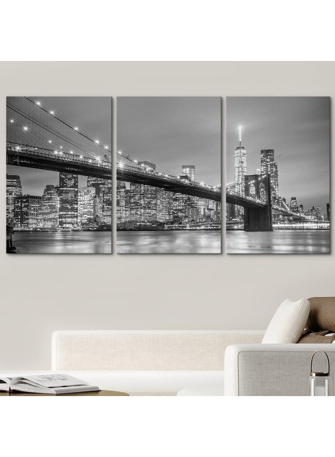wall26 Canvas Print Wall Art Set Black & White Manhattan Bridge in NYC Architecture & Maps Cityscape Photography Realism Rustic Scenic Relax/Calm for Living Room, Bedroom, Office - 24"x36"x3 Panels - Image 2