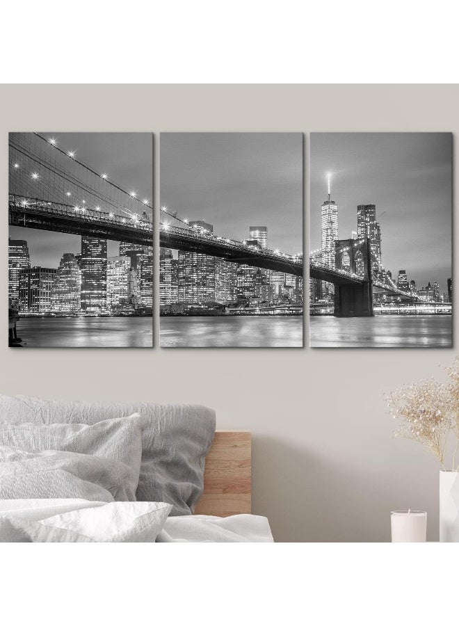 wall26 Canvas Print Wall Art Set Black & White Manhattan Bridge in NYC Architecture & Maps Cityscape Photography Realism Rustic Scenic Relax/Calm for Living Room, Bedroom, Office - 24"x36"x3 Panels - Image 3