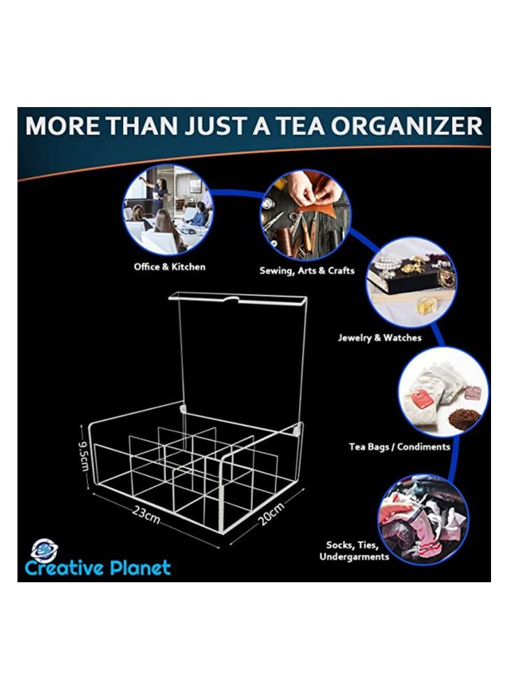 Creative planet tea bag organizer, acrylic storage box with lid for kitchen cabinets, countertops pantry suits, candy, packets condiments & crafts items (9 compartments) - Image 3