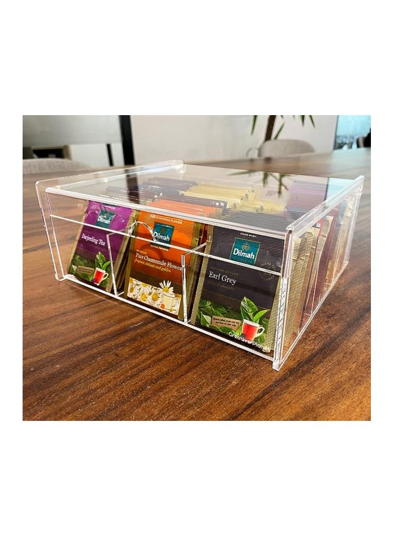 Creative planet tea bag organizer, acrylic storage box with lid for kitchen cabinets, countertops pantry suits, candy, packets condiments & crafts items (9 compartments) - Image 1