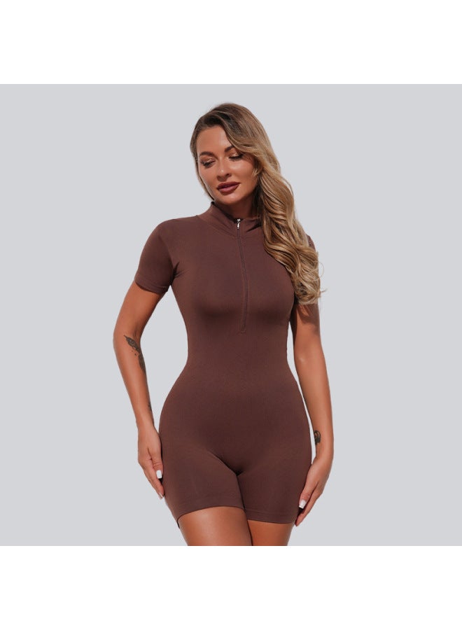 European And American Zipper Short-sleeved Fitness Sports Running Jumpsuits Jumpsuits Tight Yoga Clothes Women's Solid Color