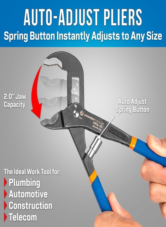 Jonard Tools PPA-10 Pump Pliers with One-handed Automatic Adjustment 2.0” Max Jaw Opening, 10" Length - Image 2
