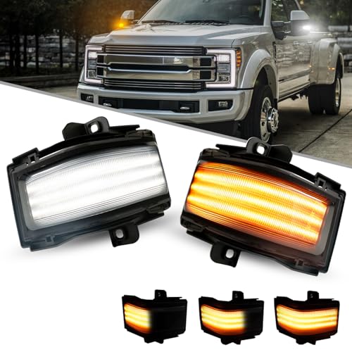 AUTOONE LED Side Mirror Marker Light for 20152023 Ford F150 20172023 F250 F350 F450 F550 Super Duty Cool White DRL Parking Light Dynamic Amber Turn Signal Light Smoke Lens 2PCS - Image 1