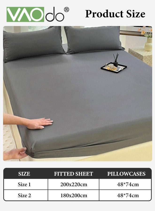 VAOdo 3PCS Bedding Fitted Sheet Set, Breathable Cooling and Skin-friendly Material Deep-Pocket Sheet, Super Soft Thickened Fitted Bedsheet Set Fitted Bedsheet Set, 1 Fitted Sheet and 2 Pillowcases Grey - Image 3