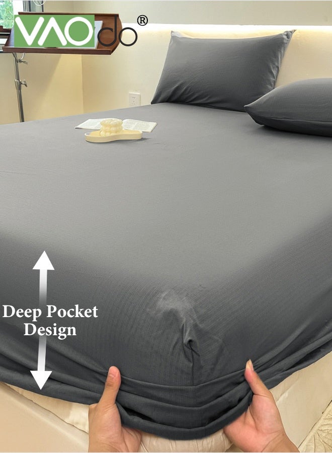 VAOdo 3PCS Bedding Fitted Sheet Set, Breathable Cooling and Skin-friendly Material Deep-Pocket Sheet, Super Soft Thickened Fitted Bedsheet Set Fitted Bedsheet Set, 1 Fitted Sheet and 2 Pillowcases Grey - Image 4