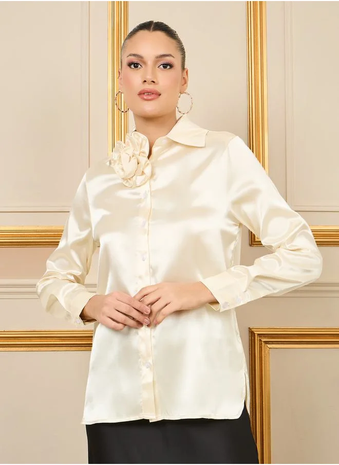 ستايلي Satin Corsage Detail Neck Regular Fit Blouse