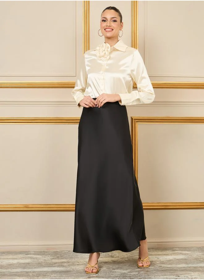 ستايلي Satin Corsage Detail Neck Regular Fit Blouse