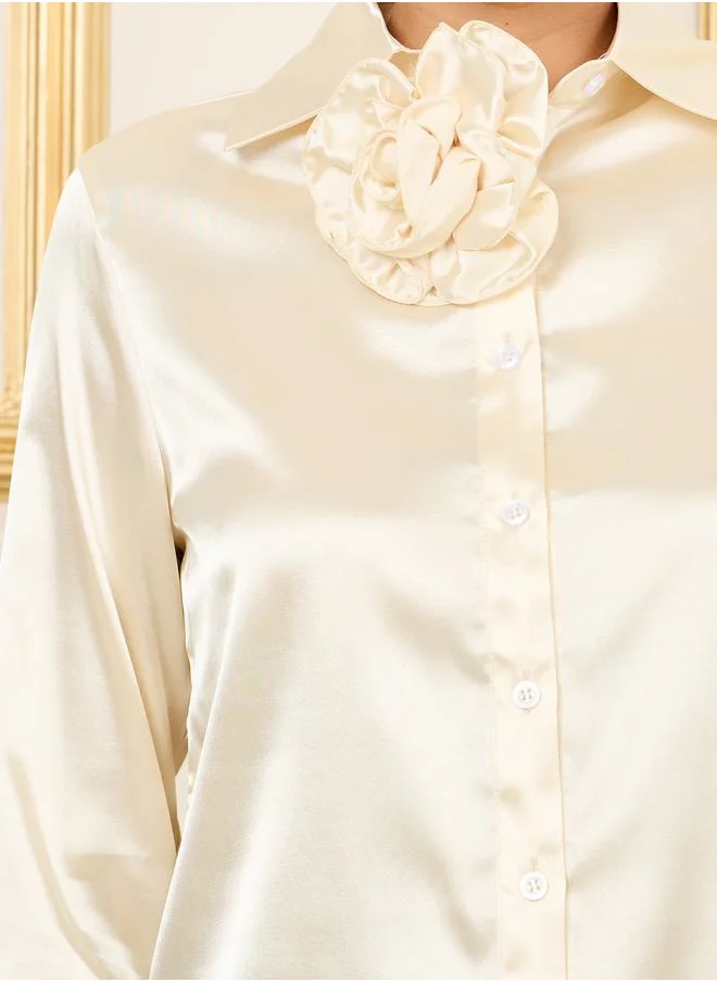 ستايلي Satin Corsage Detail Neck Regular Fit Blouse