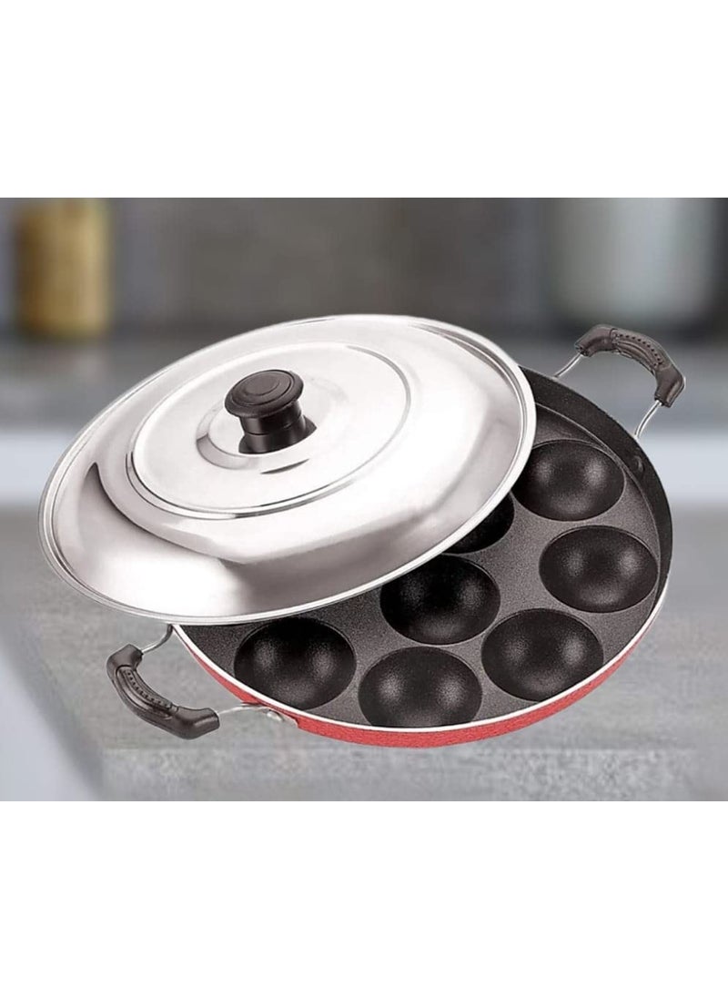 KD ZONE KD ZONE Aluminium 12 Cavity Appam Patra Paniyarakkal Two Side Handle with Steel lid Wooden Picker  - Image 1