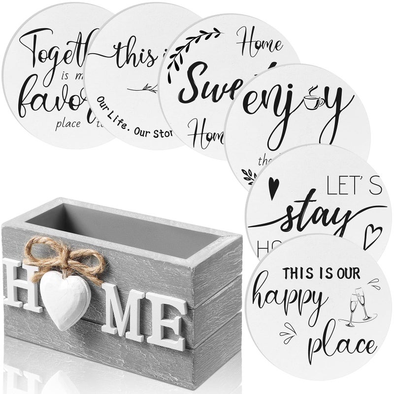 Queekay Coasters Set of 6 House Warming Gifts New Home Wooden Farmhouse Drink Coasters with Holder 4'' Funny Decoration for Kitchen Family Coffee Bar Tabletop Protection(White,Gray) - Image 1