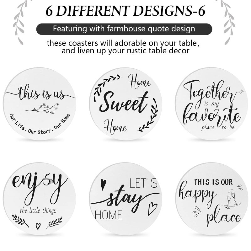 Queekay Coasters Set of 6 House Warming Gifts New Home Wooden Farmhouse Drink Coasters with Holder 4'' Funny Decoration for Kitchen Family Coffee Bar Tabletop Protection(White,Gray) - Image 5