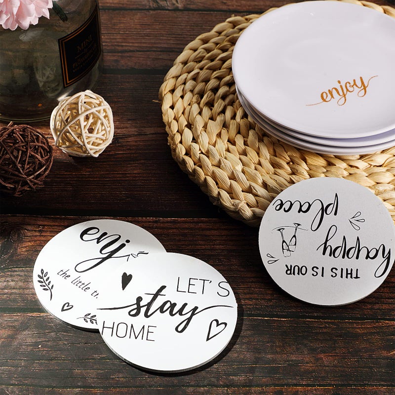 Queekay Coasters Set of 6 House Warming Gifts New Home Wooden Farmhouse Drink Coasters with Holder 4'' Funny Decoration for Kitchen Family Coffee Bar Tabletop Protection(White,Gray) - Image 4