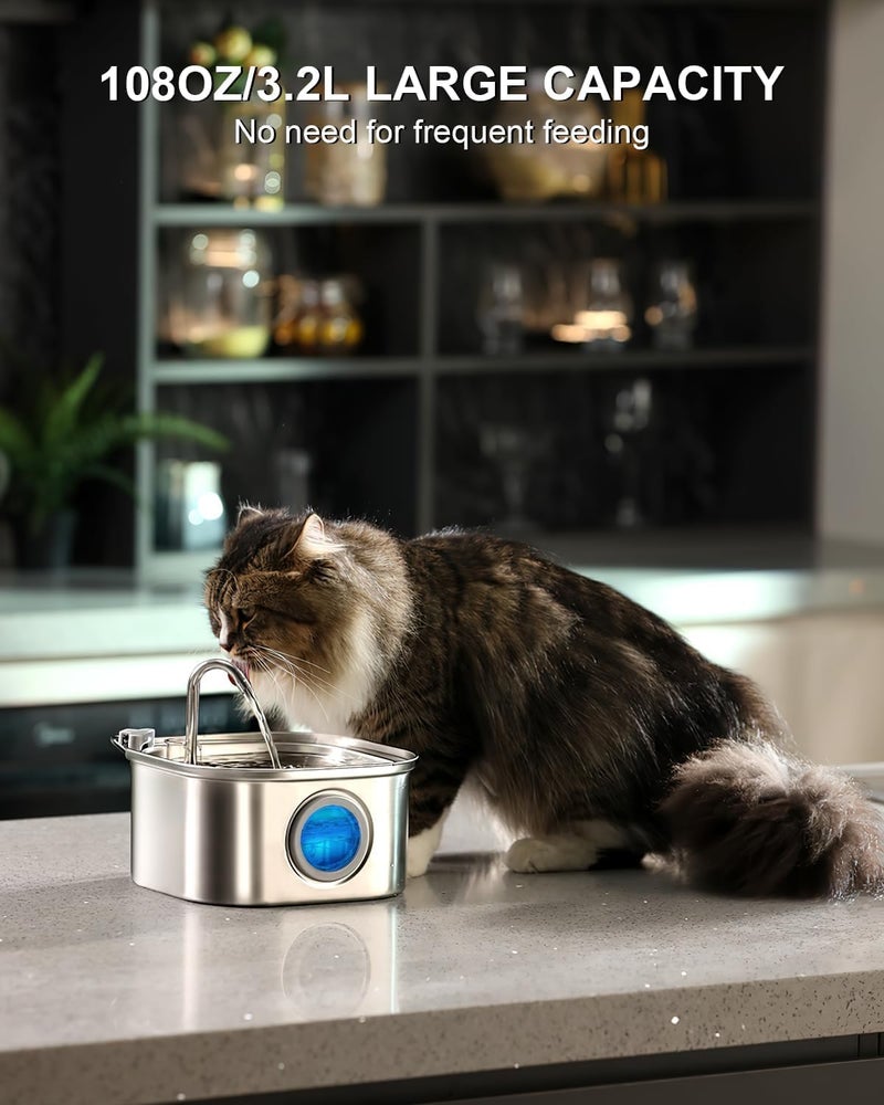 Foliam® Cat Water Fountain - 3.2L/108oz Stainless Steel Pet Water Drinking Fountain for Cats Indoor, Dog Water Fountain with Water Level Window (Steel, Square 3L-1) - Image 4